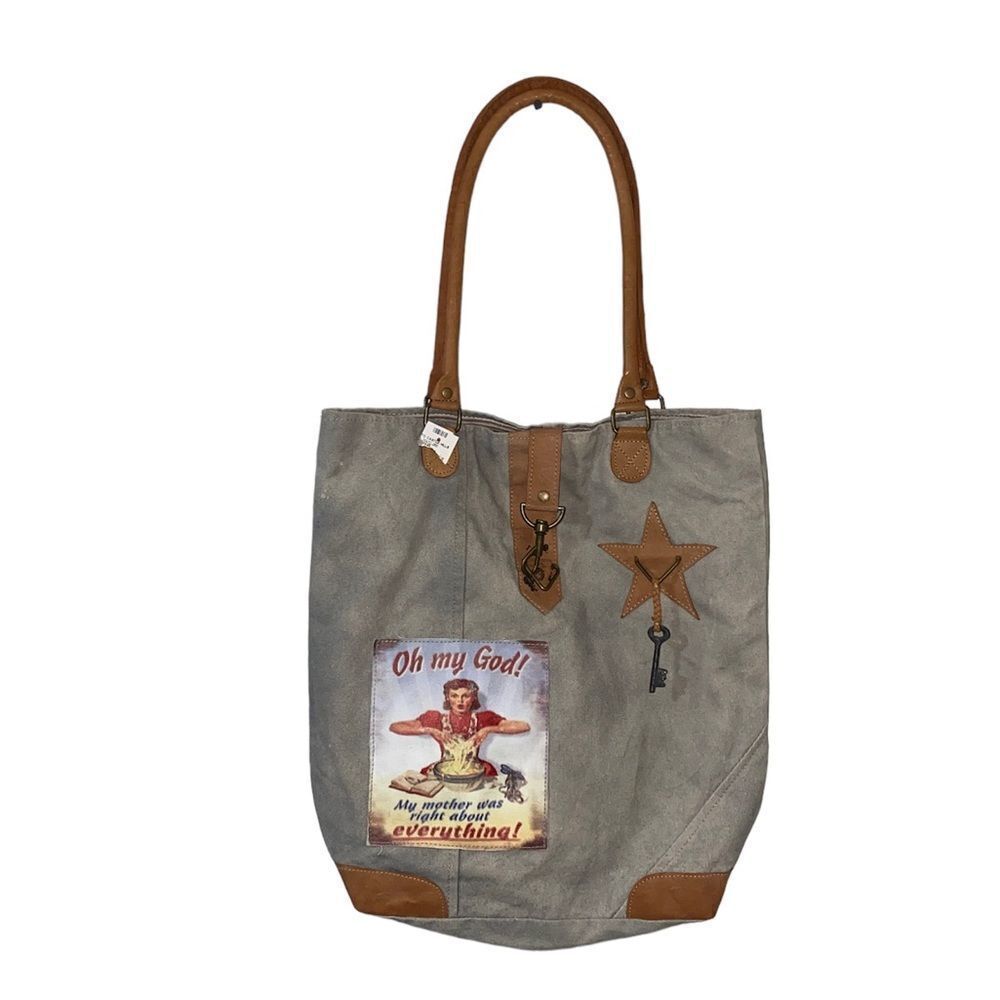 VINTAGE ADDICTION CALIFORNIA INSPIRATIONAL TOTE CANVAS EUC LEATHER HANDLE
